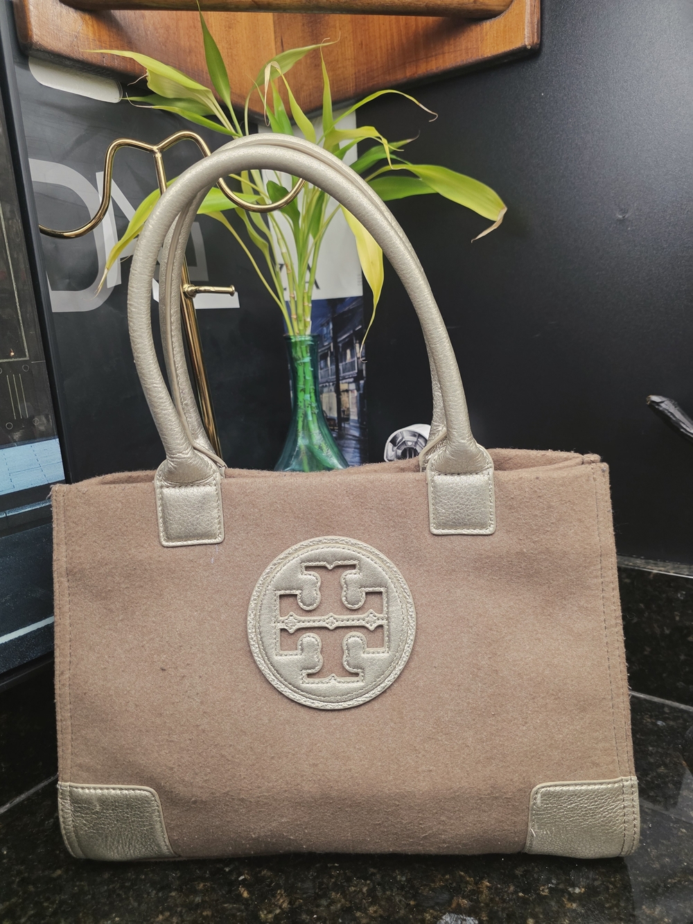 Tory Burch Metallic Trim Suede Tote Bag in Taupe